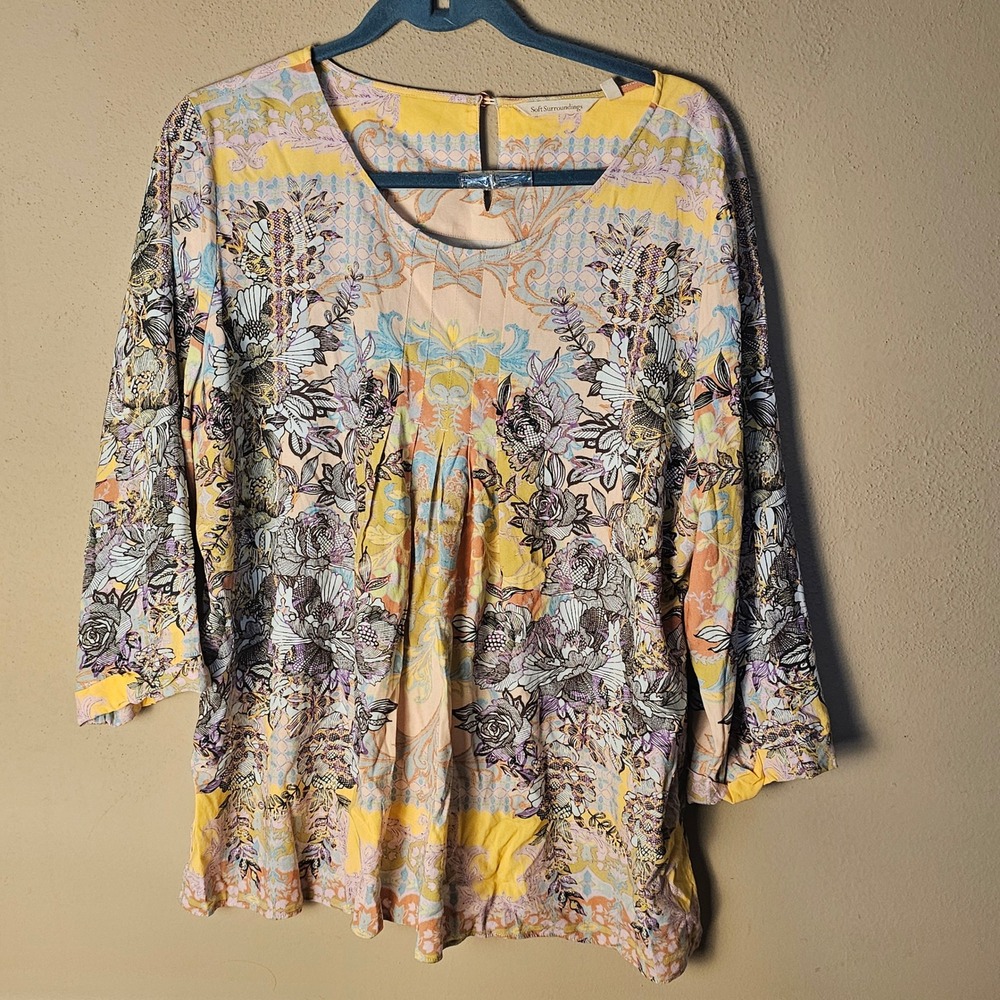 Soft Surroundings Womens Yellow Floral 3/4 Sleeve Shirt Top Blouse XL